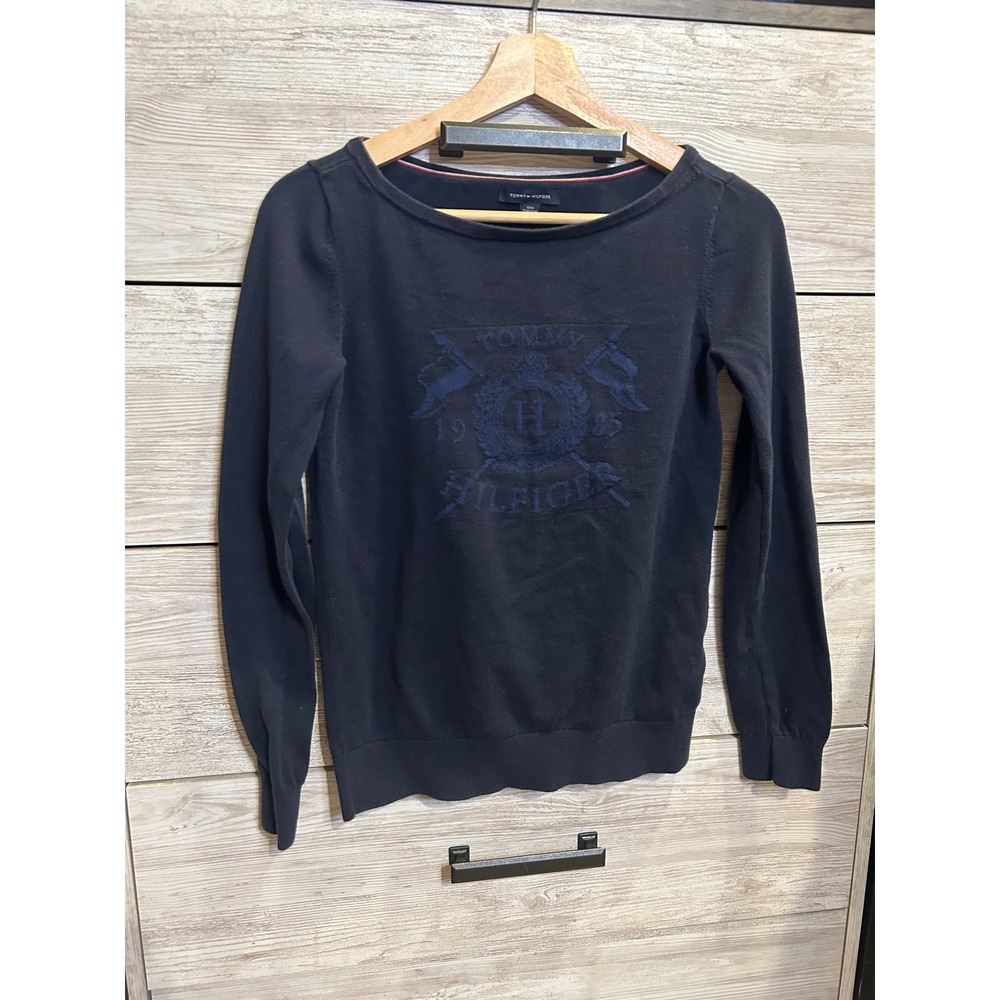Tommy Hilfiger Womens Navy Blue Embroidered Crest Logo Boat Neck Sweater XXS